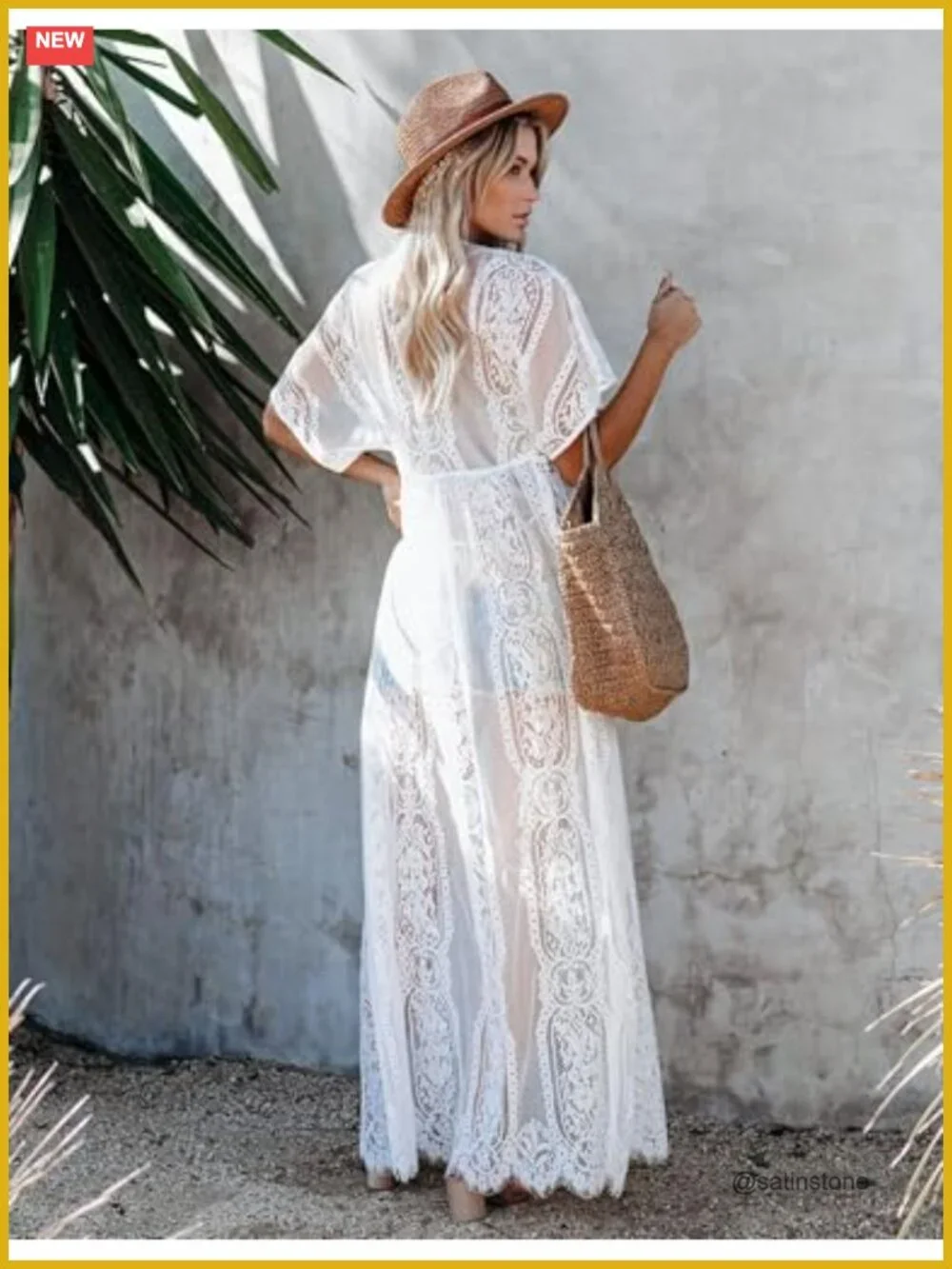 Short Sleeve Lace Kimono Cover Up with Belt Boho Chiffon Beach Cardigan